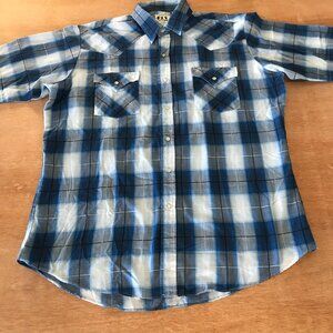 Ely Cattleman Western Shirt Men L Blue Plaid Snap Button Up Pocket Short Sleeve
